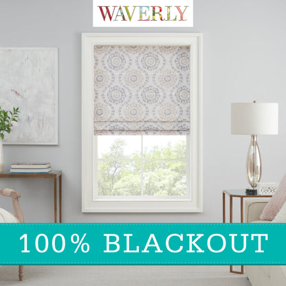 Waverly Adonis Medallion 100% Blackout Roman Shade, Cordless and Noise Reducing Window Shade for Privacy, Thermal Window Treatments for Energy Saving Benefits, 23 in Wide x 64 in Long, Natural
