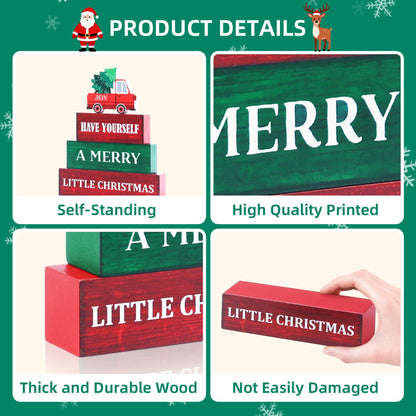 4 Pcs Christmas Wooden Tiered Tray Decor, Merry Christmas Decorations Gifts for Home, Winter Table Centerpiece for Xmas Party Kitchen Office
