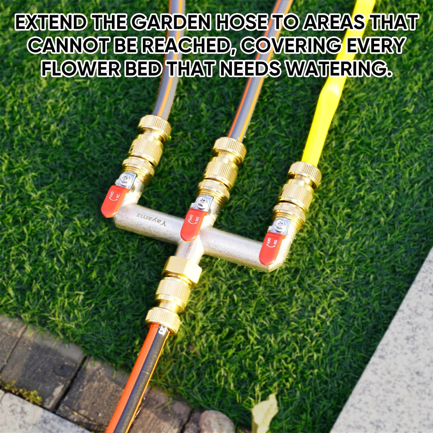 Yayamz 3 Way Garden Hose Splitter, Heavy Duty Brass Nickel Plated Rust Resistant Faucet Manifold, 3/4" Frost Resistant Outdoor Hose Adapter Connector，Hose Spigot Adapter with 3 large red handles