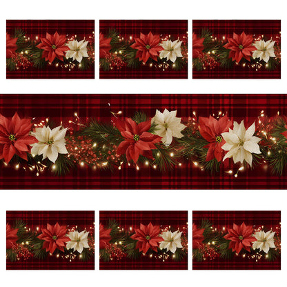 Christmas Table Runners and Placemats Set of 6, Red Plaid with Poinsettia & Floral Design, Perfect for Holiday Dining, 7-Piece Christmas Table Decoration