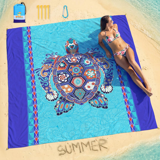 BYDOLL Beach Blanket Waterproof Sandproof Sea Turtle 78''×81'' 1-5 Adults Oversized Lightweight Large Picnic Mat Waterproof Sandproof Blanket for Beach Camping Hiking Travel