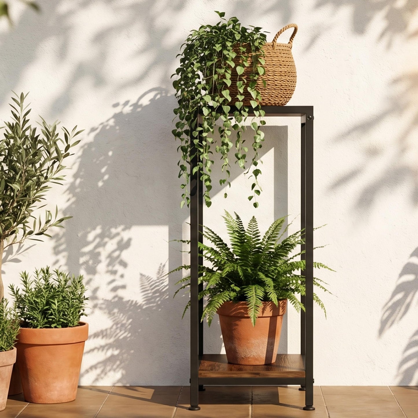 TOSKING 30" Tall 2-Tier Indoor Plant Stand (Holds 160 lbs) – Heavy Duty Black Metal Frame with Rustic Brown Wood Shelves for Balcony, Patio, Garden, Living Room, Indoor & Outdoor