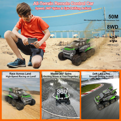 UFULMN Amphibious Remote Control Car 8WD RC Monster Truck with 2 Rechargeable Batteries for Boys Age 8-12 Offroad Waterproof RC Pickup All Terrain RC Drift Cars Beach Pool Toys Gifts for Kids Green