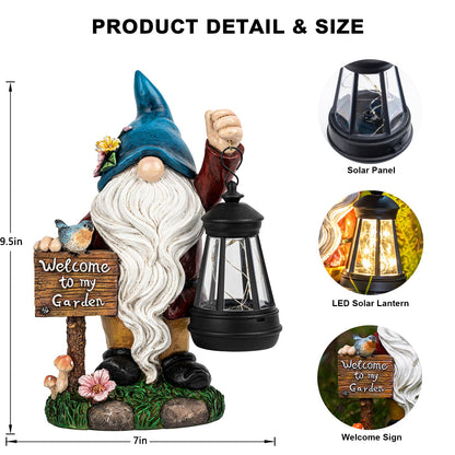 ZQQLITE Garden Gnome Statues Figurine Lights - Solar Powered Lighting Outdoor Decorations with Lantern & Welcome Sign, Yard Art Lawn Ornaments for Porch Patio Balcony - Gnome Gifts for Women Mom