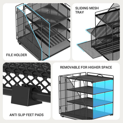 Becomrock Desk Organizer, 4-Tier Metal File Organizer for Desk with Vertical File Holder, Office Accessories and Desktop Storage for Office Supplies (Black)