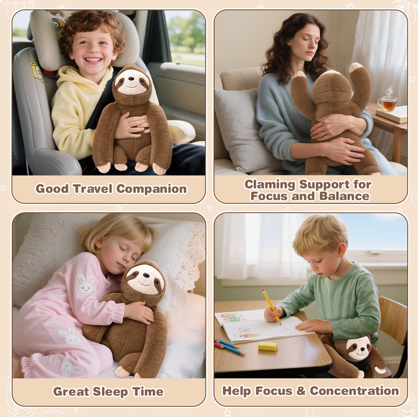 Joyreal Sloth Sensory Weighted Vibrating Pillow, Pressure Activated for Kids Adults, Plush Minky Soft Size: 11 by 21 inches Pillow Animal for Focus & Balance for Gift Birthday Autistic (Beige)