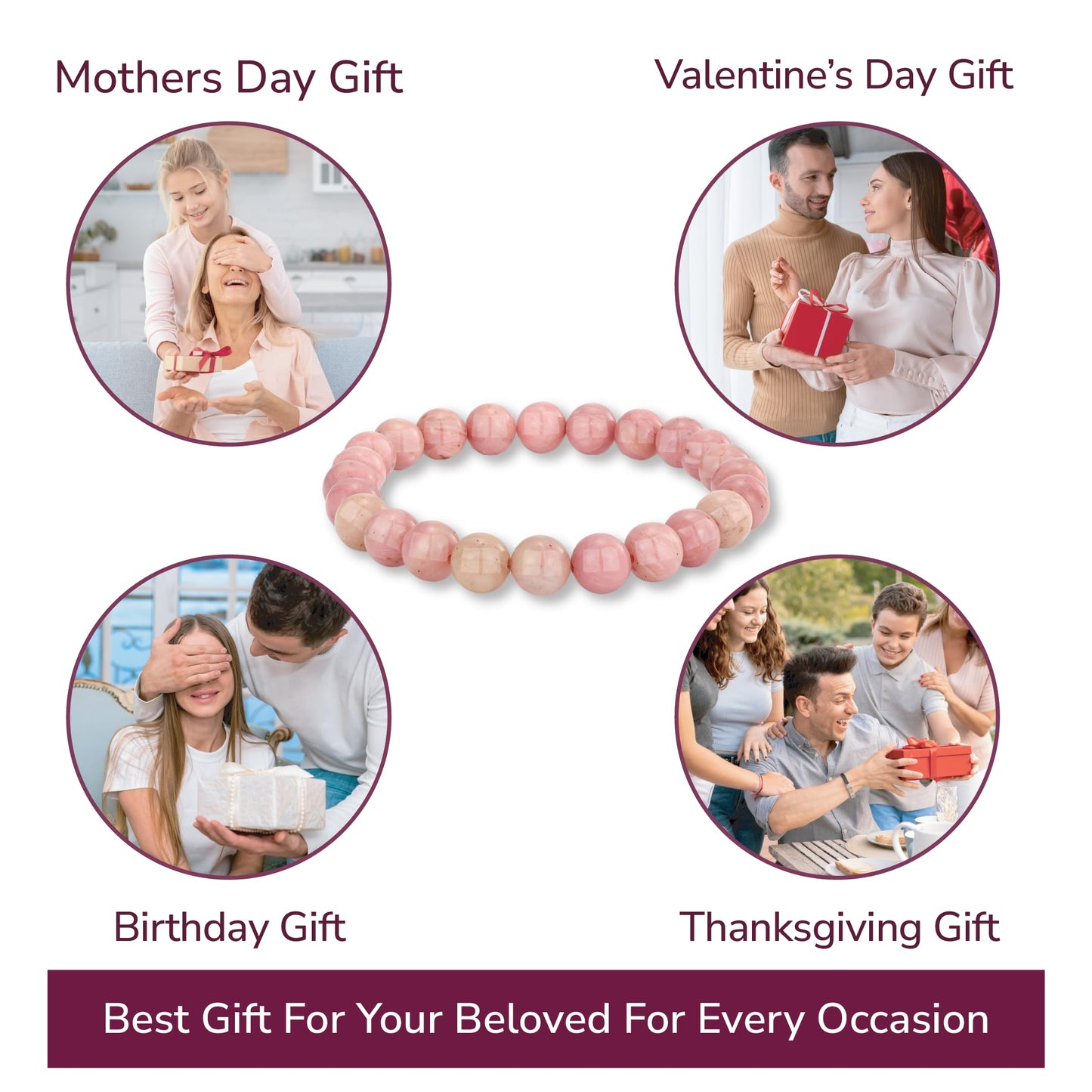 Crystal Vibe Rhodochrosite Crystal Bracelet for Love and Balance - 8mm Beaded Bracelet for Emotional Healing, Trust & Positivity - Crystal Jewelry Gifts for Women Men - Adjustable Size