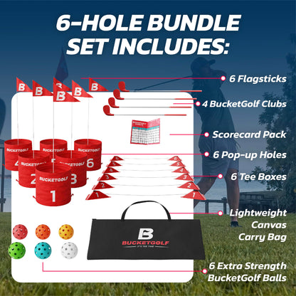 bucketgolf Game 6 Hole Bundle with Clubs - The Best Backyard Golf Game for All Ages and Levels Adults, Kids, Families, Schools, Yards, Parks, Beaches, Vacation. (4 Clubs (4 RH))