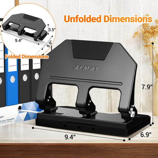 AFMAT 3 Hole Punch Heavy Duty, 9/32" Hole Diameter, 40-Sheet 3 Hole Puncher for Binder, 50% Reduced Effort, Metal Three Hole Punch w/ 10,000+ Uses, Bulit-in S.S. Paper Guide, Large Chip Tray, HPX3