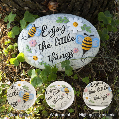 Bechivie Spring Decorative Garden Stones Outdoor, 6x4.1In Enjoy The Little Things Bee Stone with White Flower, Concrete Stepping Stones for Walkway Pathway Yard Outside