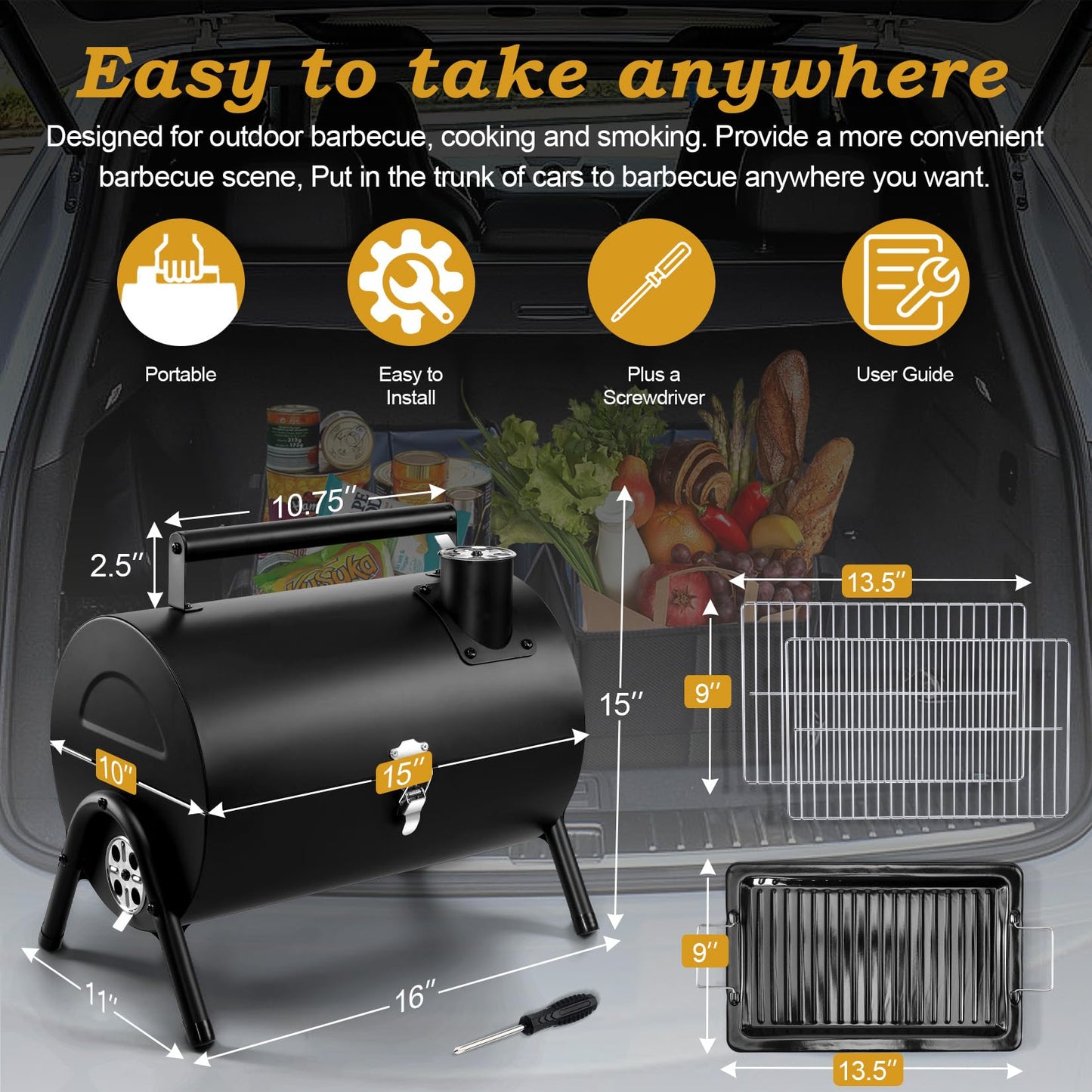 Joyfair Portable Charcoal Grill (2 IN 1 Double-Sided), Small Tabletop Barbecue Grill with Food Tray & Rack for Outdoor Camping Home Patio BBQ Grilling, Heavy Duty & Multi-use, Easy Assembly (230Sq.in)