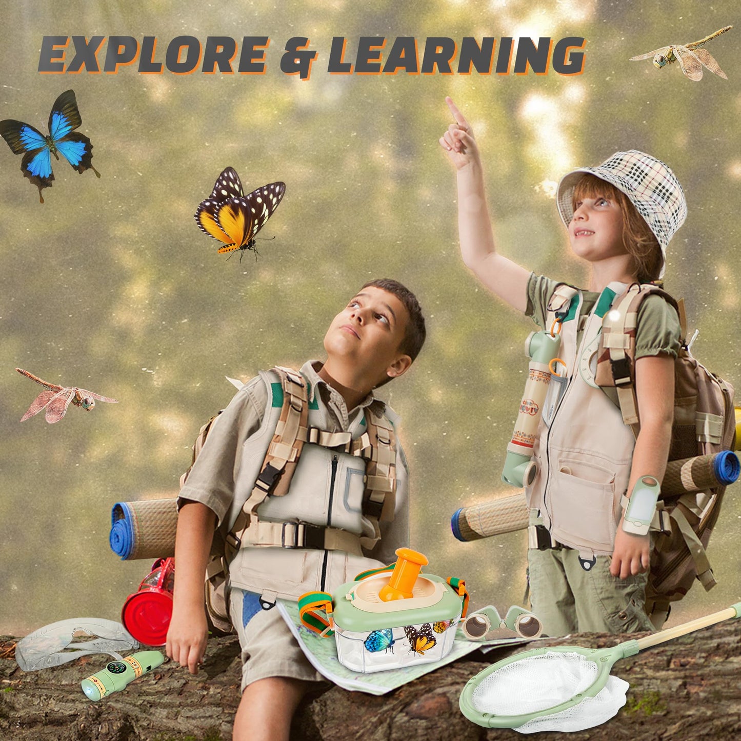 SMILESSKIDDO Kids Explorer Kit, 27 Pcs Outdoor Explorer Kit & Bug Catching Kits - Kid Nature Kits Outdoor Camping Adventure Toys for Kids 3+ Years Old