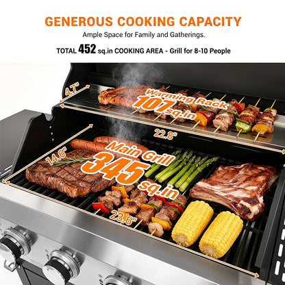 EUHOME 51,000 BTU 4-Burner Propane Gas Grill with Side Burner – Large 452 sq.in Stainless Steel BBQ Grill, Enameled Cast Iron Grates, 4 Swivel Casters & Protective Cover for Backyard Patio Family