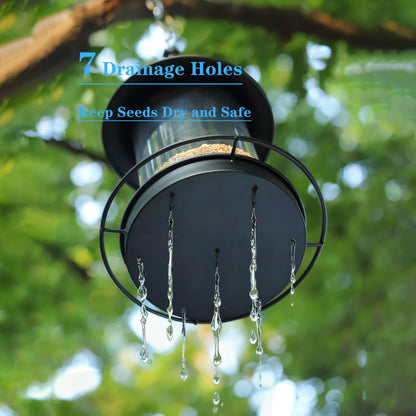 KiRuan Deco Bird Feeders for Outdoors,Hanging Bird Feeder with Locking Lid, Metal Birdfeeder with 17.5cm Weatherproof Large Roof&Tray,3 Feeding Perches,Chew-Proof, Black,1 Pack