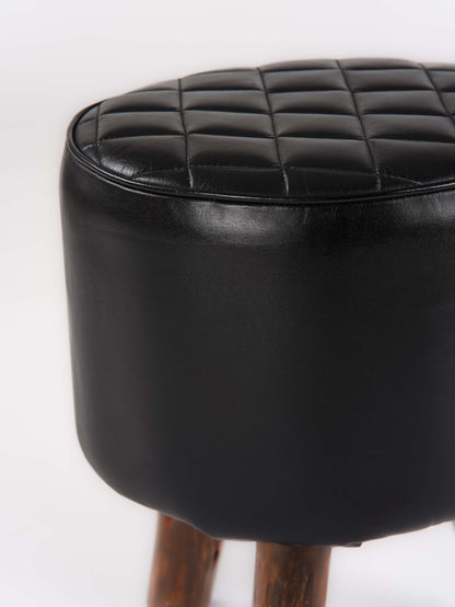 Handmade Eco-Friendly Geometric Buffalo Leather & Wood Black Round Ottomon Stool 18"X14"x14" from BBH Homes