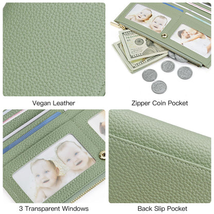 GOIACII Slim Wallet for Women Rfid Blocking Credit Card Holder with Zip Pocket Bifold Vegan Pebble Leather Green