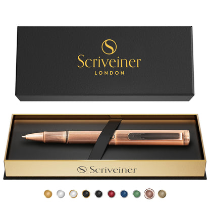 Scriveiner EDC Luxury Rollerball Pen, Stunning Heavy Pocket Pen, Hand Brushed Copper Finish, Cool Writing Pen, Best Pen Gift for Men, Women, German Schmidt Refill, Nice Fancy Office Designer Pen Set