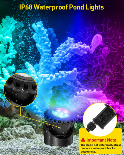 T-SUN Colored Pond Lights, Bright LED Underwater Pond Light Submersible Fountain Lights APP and Remote Control,Dimmable,Timer, IP68 Waterproof Fish Tank Light for Aquarium Fountain Garden (4-Head)