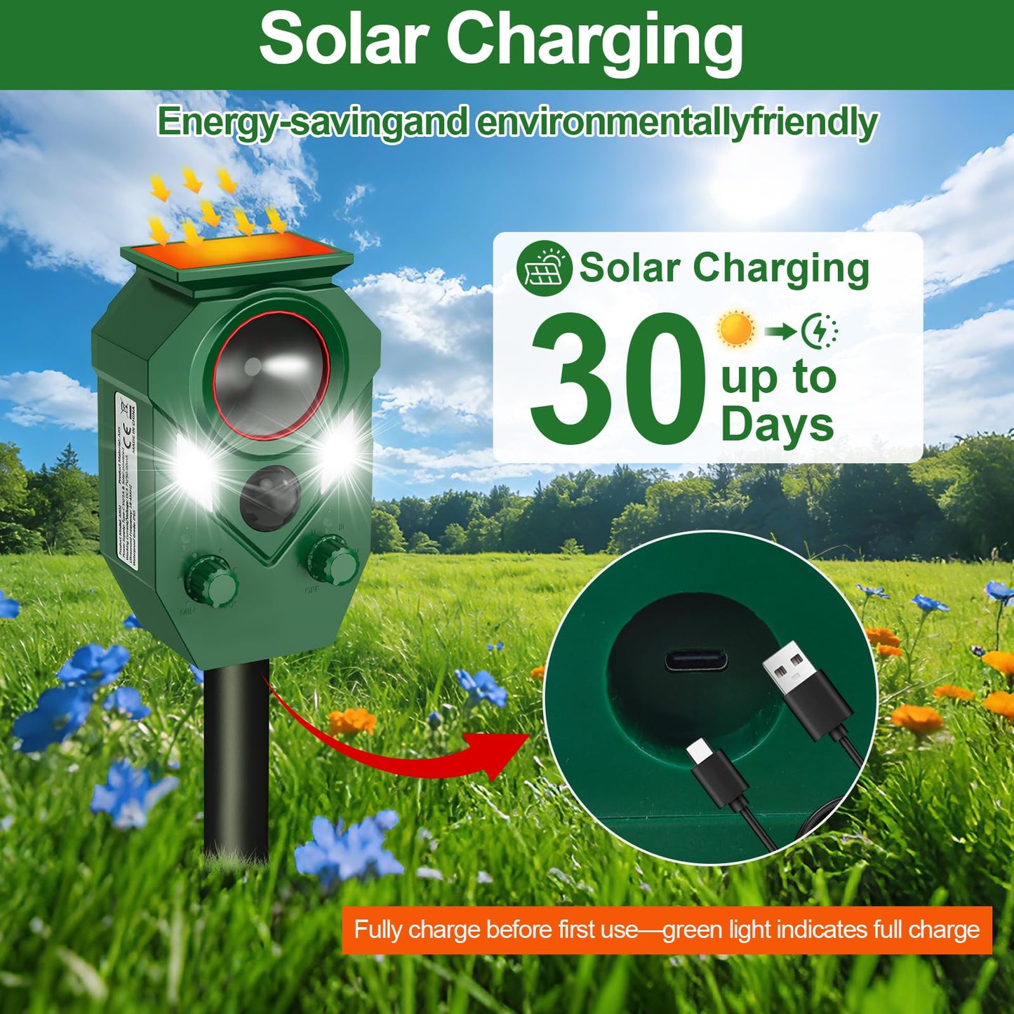 Ultrasonic Animal Repeller Outdoor - Cat Repellent & Deterrent with PIR Sensor & Flashing Light,Solar Powered Deer Repellent for Squirrels, Raccoons, Skunks,Rabbits,and Dogs, IP65 Waterproof （2 Pack）