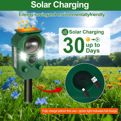 Ultrasonic Animal Repeller Outdoor - Cat Repellent & Deterrent with PIR Sensor & Flashing Light,Solar Powered Deer Repellent for Squirrels, Raccoons, Skunks,Rabbits,and Dogs, IP65 Waterproof （2 Pack）