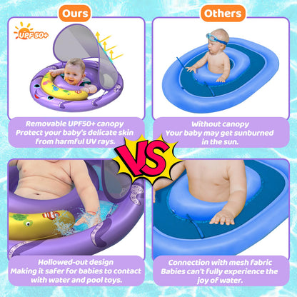 AnbQuik Baby Pool Float with Removable UPF50+ Sun Protection Canopy, Octopus Baby Swim Floats for 6-24 Months Infant, Extra Wide Dual Design, Adjustable & Breathable Seat