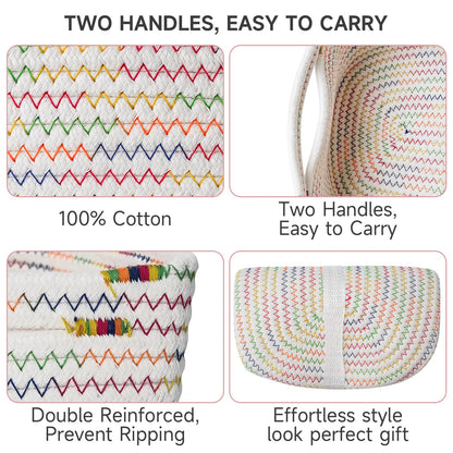 Maxuni 3-Pcs Shelf Baskets for Organizing, Closet Organizer Bins, Small Woven Baskets, Rope Toy Basket, Storage Basket for Shelves, Cube Decorative Box, 11.8×7.8×5.1”, Rainbow