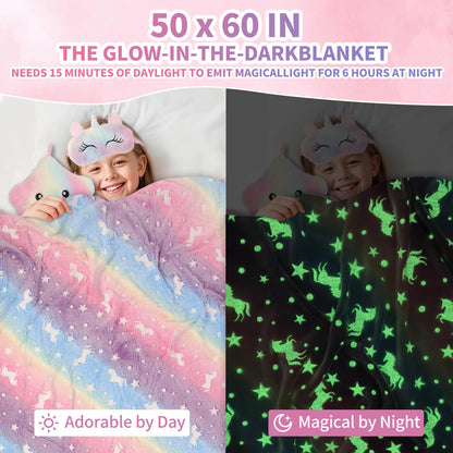 FIIOEOY Unicorn Gift Box for Girls Age 6-8, Unicorn Plush Toy Set with Glow in The Dark Blanket Light Up Star Pillow Eye Mask Crossbody Bag, Birthday Gifts for Daughter Niece