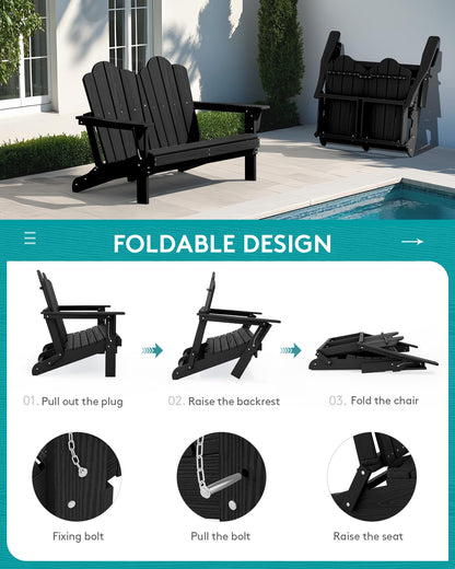 SERWALL Folding Adirondack Bench, HDPE All-Weather Adirondack Loveseat, 660 lbs Capacity, Foldable Outdoor Patio Bench for Deck, Lawn, Garden, Black