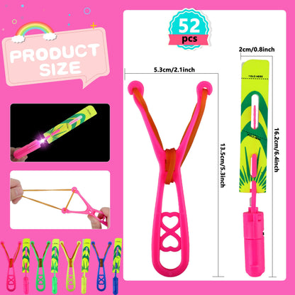 Cagemoga 72 Pcs Rocket Slingshot Flying Toys with LED Lights and Whistle Includes 36 Pcs Arrow Helicopter and 36 Pcs Launchers for Kids Outdoor Game Glow in The Dark Party Supplies
