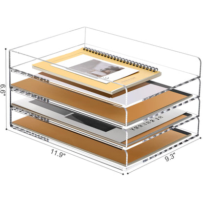 SANRUI 4 Tier Stackable Paper Letter Tray, Acrylic Vertical File Tray A4 Desk Organizer and Accessories Sorter Trays, Clear Workspace Office Supplies Organizers,12inx9.25inx6.6in