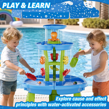 HYES Water Table for Toddlers 3-5, 3-Tier 6 Zones Water Sand Table with Umbrella, Rain Showers Splash Pond Toys for Outdoor Beach Backyard Summer, Kids Activity Sensory Playset for Boys Girls, Blue