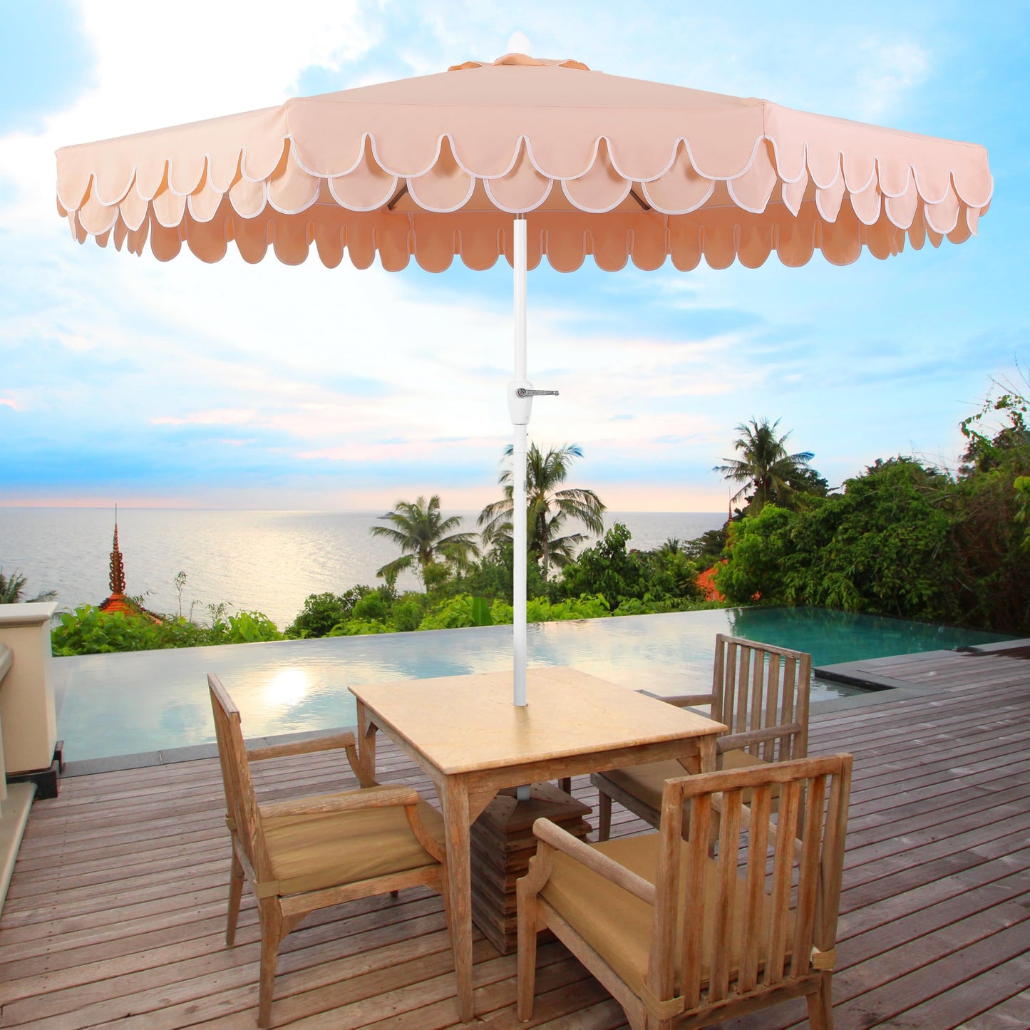 JONATHAN Y UMB1002H Tracy 9 ft. Classic MidCentury Scalloped Fringe Market Patio Umbrella with Auto-Tilt Crank, Wind Vent and UV Protection in Coral Pink/White, White Pole