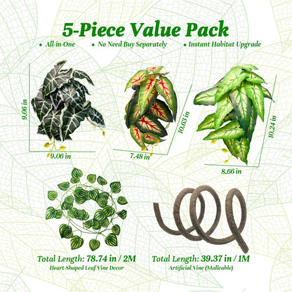 5 Pcs Reptile Plants & Habitat Decor Kit - 3 Artificial Plants & Large 3.3ft Jungle Vine Branch, TTerrarium Hanging Plants Vines for Crested Gecko, Leopard,Bearded Dragon, Lizard,Chameleon,Ball Python