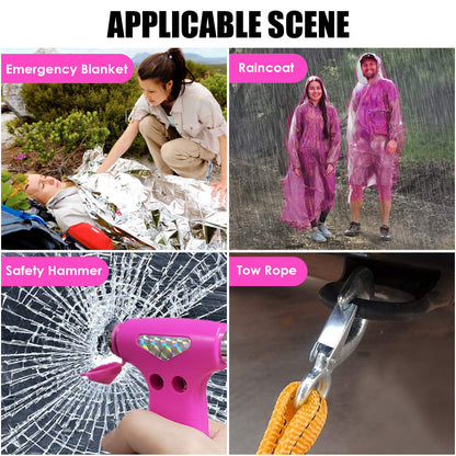 THINKWORK Car Emergency Kit for Teen Girls and Lady's Gifts, Pink Emergency Roadside Assistance Kit with 10FT Jumper, First Aid Kit, LED Flare, Deer Whistles, and More Ideal Pink Accessories Tool