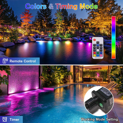 POPOSOAP RGB Underwater Pond Lights with Timer, 20 Colors Dimmable Submersible Led Fountain Lights with IP68 Waterproof, Support Remote Control for Outdoor Ponds Aquarium Garden Pool (4 Set)