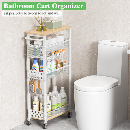 MJIMKE Slim Storage Cart with Wheels - 4 Tier Utility Narrow Rolling Cart with Wood Top, Metal Trolley for Bathroom Laundry Kitchen Organization with Handle, 7.1 inch Wide for Small Space, White