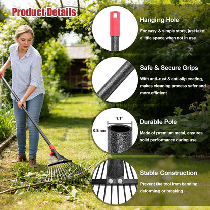Garden Rake for Leaves: 55 Inch Adjustable Long Handle 18 Metal Tines with 8-17" Expandable Head Heavy Duty Metal Rake for Lawns Leaves Yard Grass Camping Debris