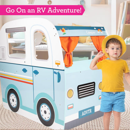 Wooden Play Camper Van Toy Playset w Steering Wheel, Kitchen, Stove, Oven, Bed, Pillow, Pretend Shower, Curtains, Personalization Stickers- Indoor Retro Car Camping, Travel RV Adventure- Ages 3+ Gift