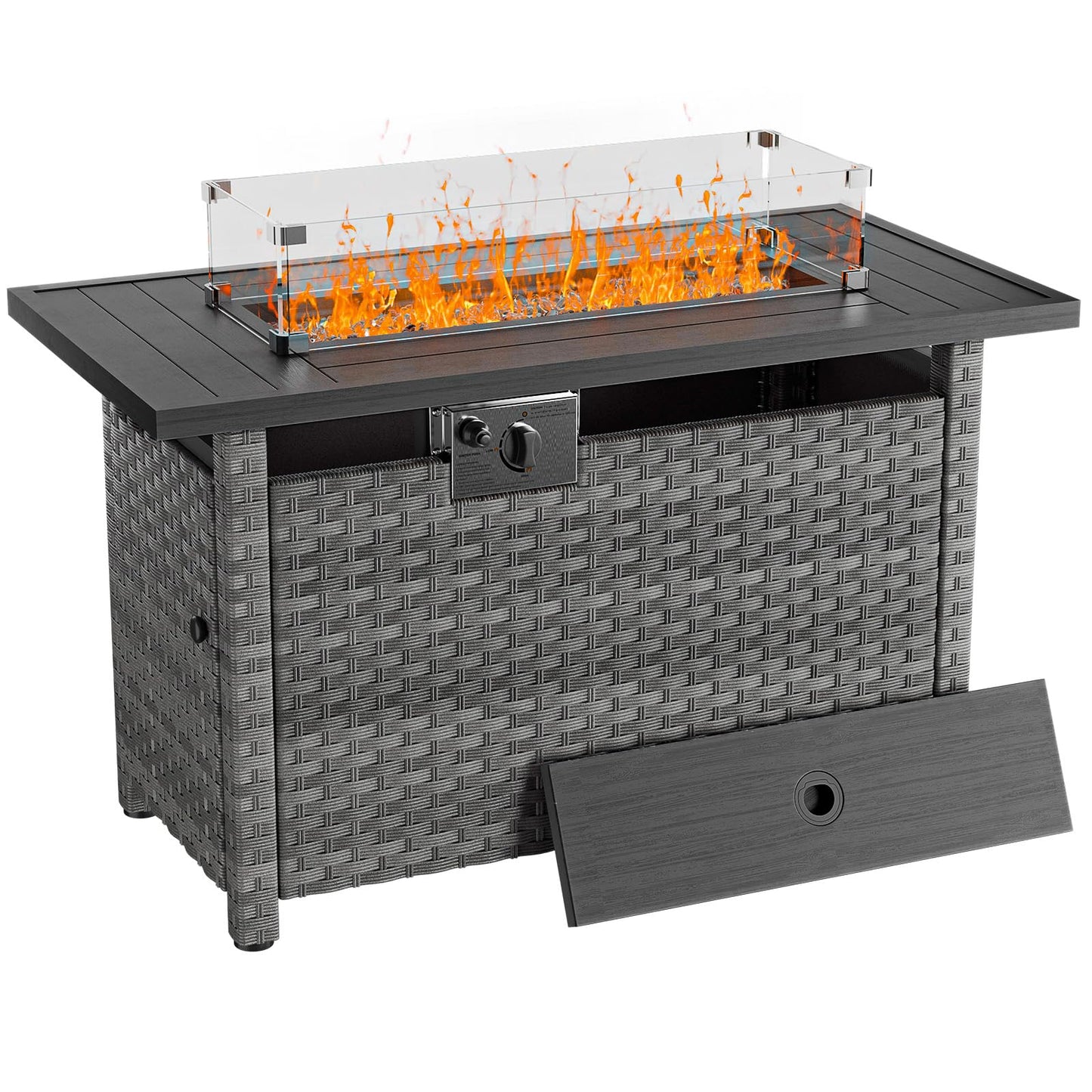 44" Fire Pit Table with Wind Guard for Outdoor, Auto-Ignition Propane Gas Firepits Rattan Rectangular Table for Outside Patio 60,000 BTU, Gray