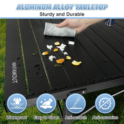 WKFAMOUT 29.9" Tall Folding Camping Table for 2-6 Person, 54.7" Large Aluminum Foldable Roll-up Table Outdoor with Carry Bag for Picnic, Camp, Sturdy, Backyard, Patio