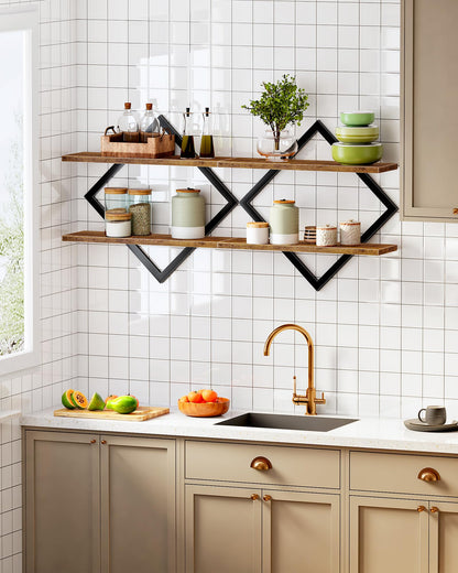 CHOEZON Floating Shelves, Set of 2 Wall Shelves, 2-Tier Hanging Shelves, Wall Shelf Set of 2, Wall Mounted Shelves, for Living Room, Bedroom, Kitchen, Office, Study, Rustic Brown TBJ01P2BF