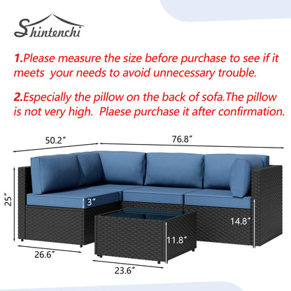 Shintenchi 5 Pieces Outdoor Patio Sectional Sofa Couch, PE Wicker Furniture Sets, Patio Conversation Sets with Washable Cushions Glass Coffee Table for Garden, Poolside, Backyard, Aegean Blue