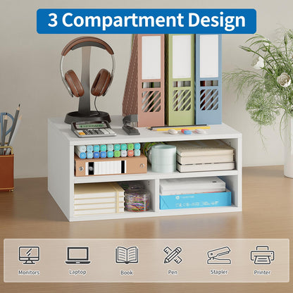 ALISENED Printer Stand for Desk, 2-Tier Wooden Desk Organizer with Adjustable Compartments, Heavy Duty Desktop Stand for Printer Scanner Monitor, Space Saving Office Organization and Storage, White