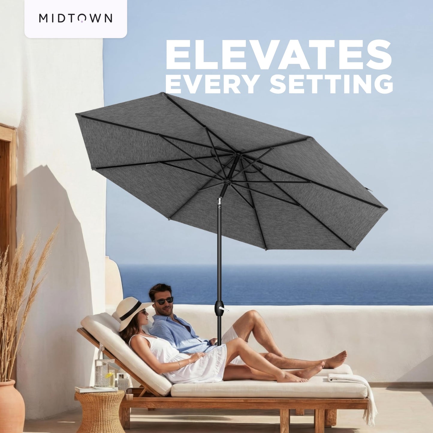 Midtown Umbrellas – The Lean 8 Ft Patio Umbrella with 10-Year-No-Fade Acrylast Acrylic Fabric, Auto-Tilt and 8 Reinforced Ribs for Deck, Pool, Garden, Hotel & Cafes – Stonecast Grey Canopy, Black Pole