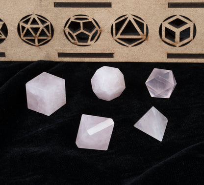 Crocon Rose Quartz 5Pcs Platonic Solids Crystal Geometry Set, Platonic Solids Sacred Geometric Stones for Meditation Reiki Balancing Healing Chakra Stone Cleansing Spiritual Good Luck (15-20mm)