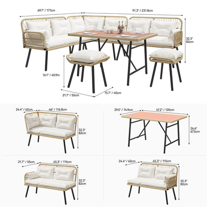 YITAHOME Patio Wicker L-Shaped Furniture Set, All-Weather Rattan Outdoor Conversation Sofa Set for Backyard Deck with Soft Cushions,Ottomans and Plastic Wood Dining Table (Light Brown+Beige)