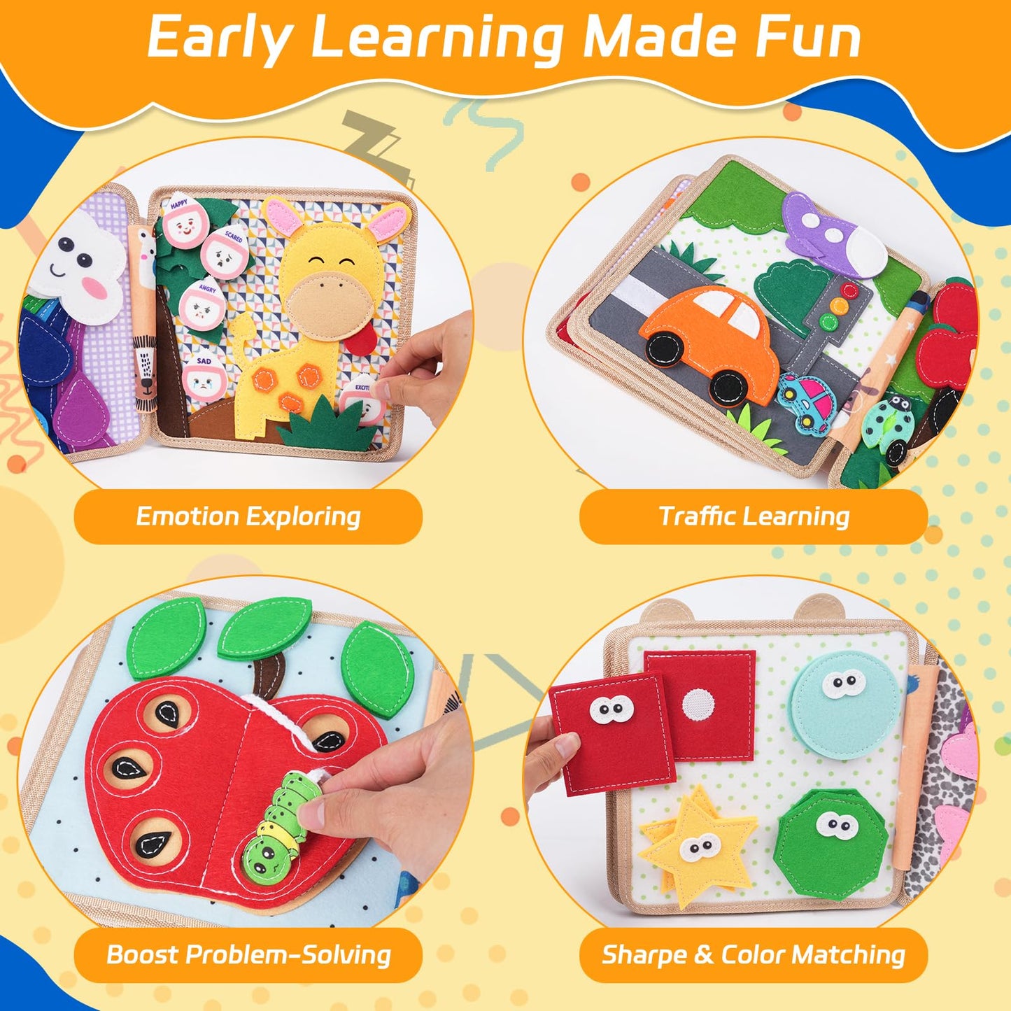 kabiuby Giraffe Busy Book for Toddlers 1-3, Montessori Toys Toddler Busy Board for 1 Year Old, Felt Quiet Book Sensory Learning Activity Books, Airplane Car Travel Toys, Gifts for Boys Girls 1+