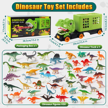 Oiuros 50PCS Dinosaur Truck Toy, Tyrannosaurus Capture Vehicle with 50 Dinosaur Figures, Educational Jurassic Playset for Boys & Girls - Perfect Birthday
