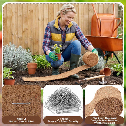 Tinideya 6 Pcs Natural Mulch Roll for Landscaping 118'' x 4.5'' Per Roll Coconut Fiber Mulch Mat with 60 U-Shaped Steel Stakes Cuttable Coconut Liner for Garden Edgings Wrap Trunk Planter Pet Pad