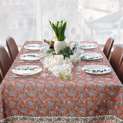 Newtay 60'' x 90'' Hand Block Print Mahjong Table Cloth Square Cotton Floral Tablecloth Washable Print Rectangle Table Cover with Dust Proof for Kitchen Dining Party(60'' X 90'',Dark Salmon,Pink)